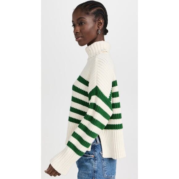 Madewell Antique Cream and Green Varsity Wide Rib Turtleneck Sweater NWOT Small - Picture 7 of 11